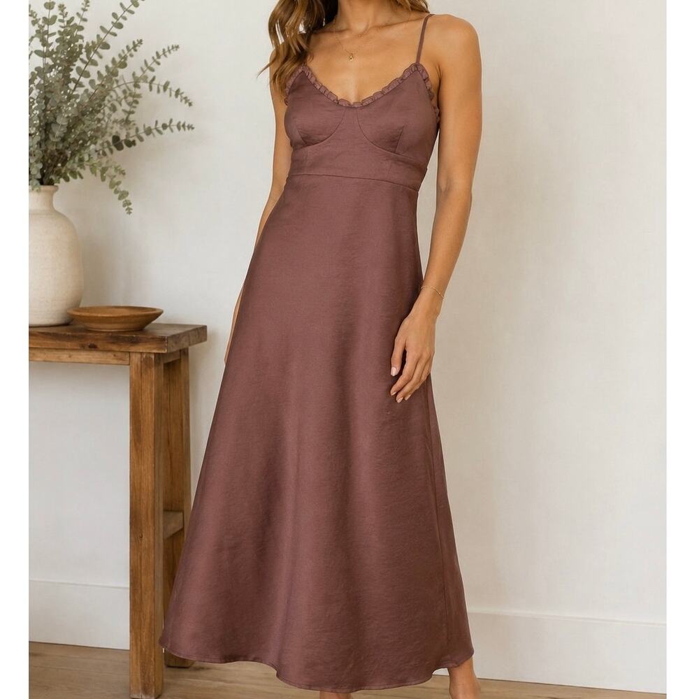Line + Dot Bronze Ruffled Corset Style Babydoll Satin Midi Slip Dress Size S